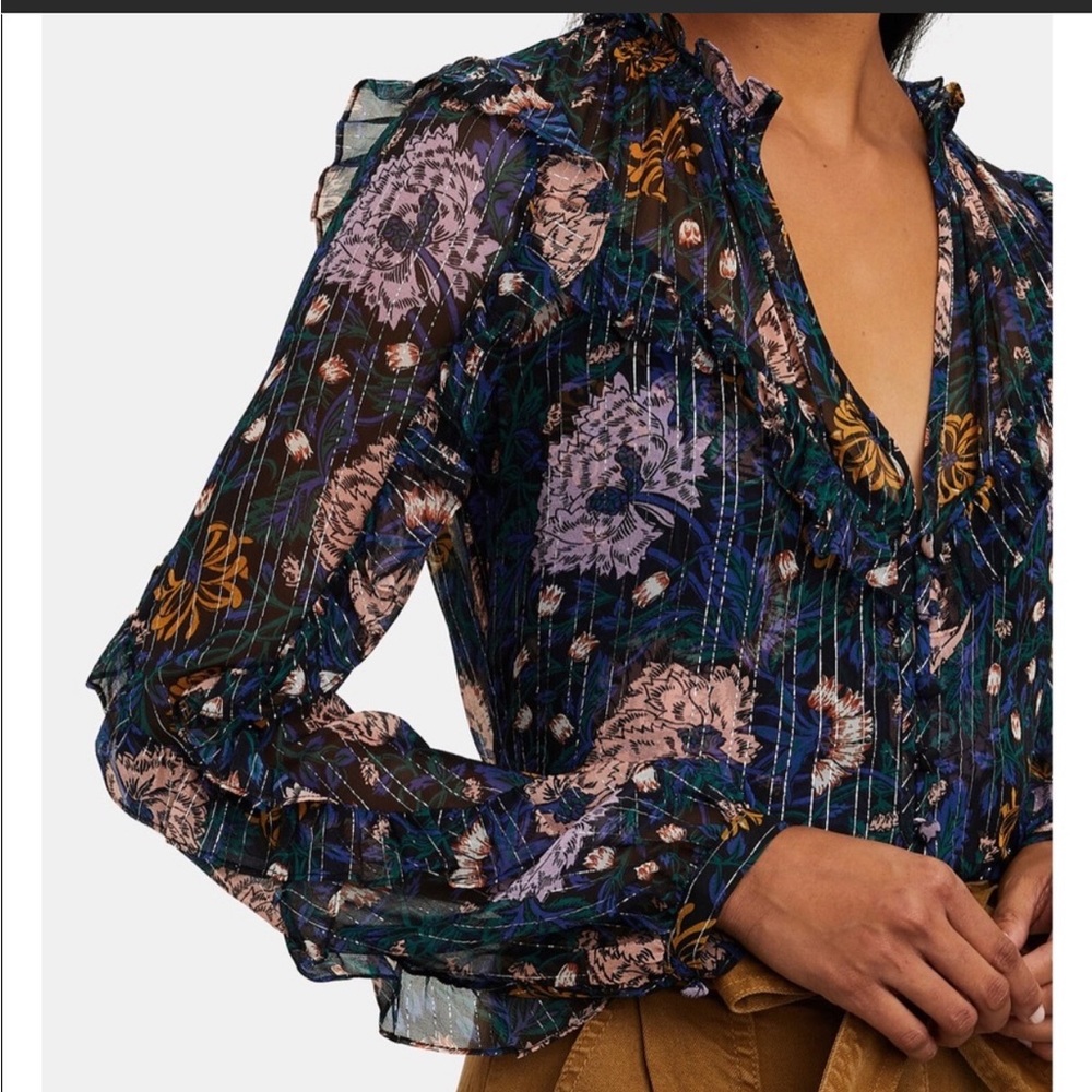 Veronica Beard Black Floral Ruffle V-Neck Blouse with Metallic Stripes